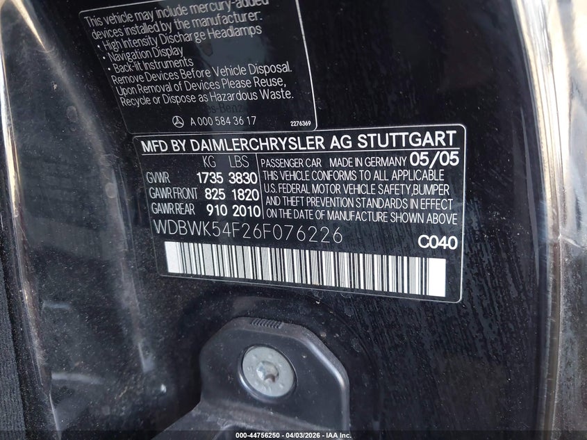 2006 Mercedes-Benz Slk 280 VIN: WDBWK54F26F076226 Lot: 44756250
