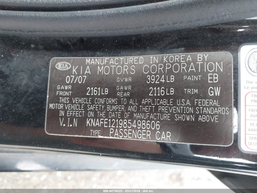 2008 Kia Spectra Ex VIN: KNAFE121985498606 Lot: 44756322