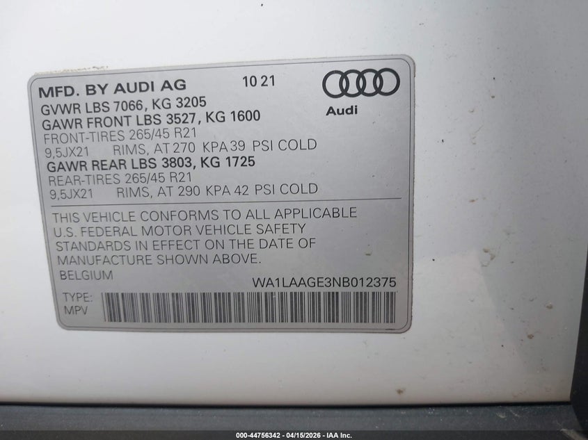2022 Audi E-Tron Premium Plus Quattro VIN: WA1LAAGE3NB012375 Lot: 44756342