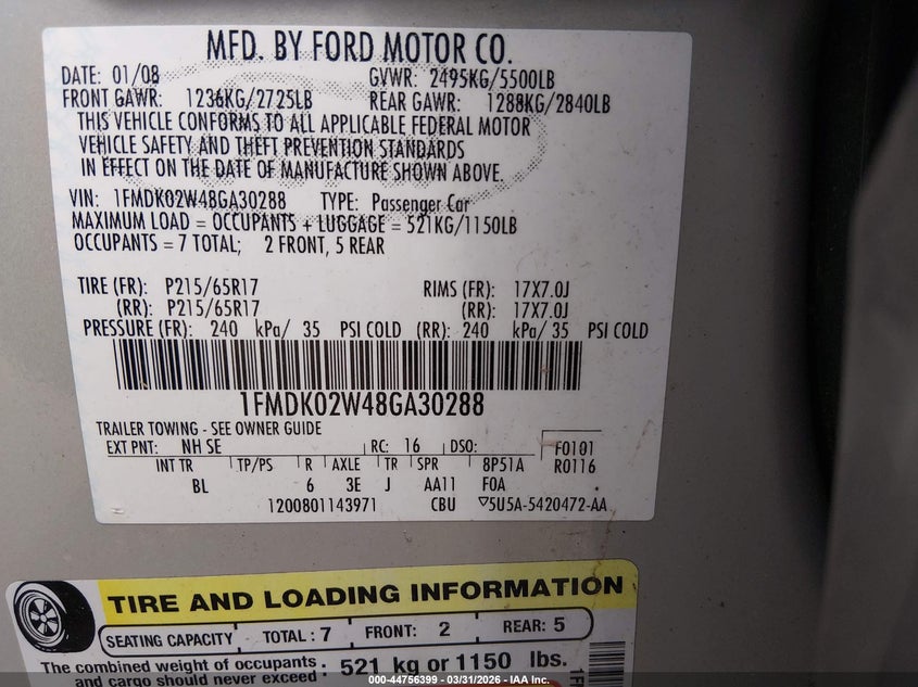 2008 Ford Taurus X Sel VIN: 1FMDK02W48GA30288 Lot: 44756399