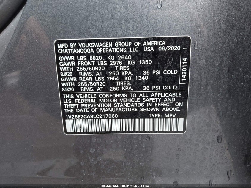 2020 Volkswagen Atlas Cross Sport 3.6L V6 Se W/Technology/3.6L V6 Se W/Technology R-Line VIN: 1V26E2CA9LC217060 Lot: 44756447