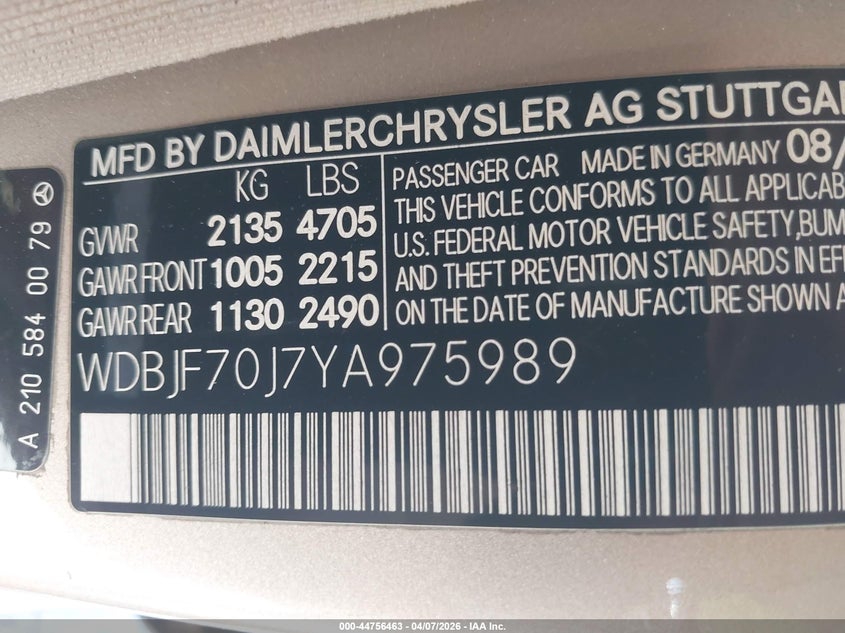 2000 Mercedes-Benz E 430 VIN: WDBJF70J7YA975989 Lot: 44756463