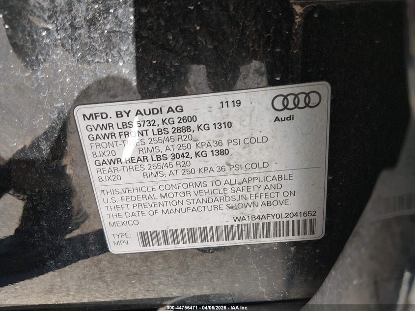 2020 Audi Sq5 Premium Plus Tfsi Quattro Tiptronic VIN: WA1B4AFY0L2041652 Lot: 44756471