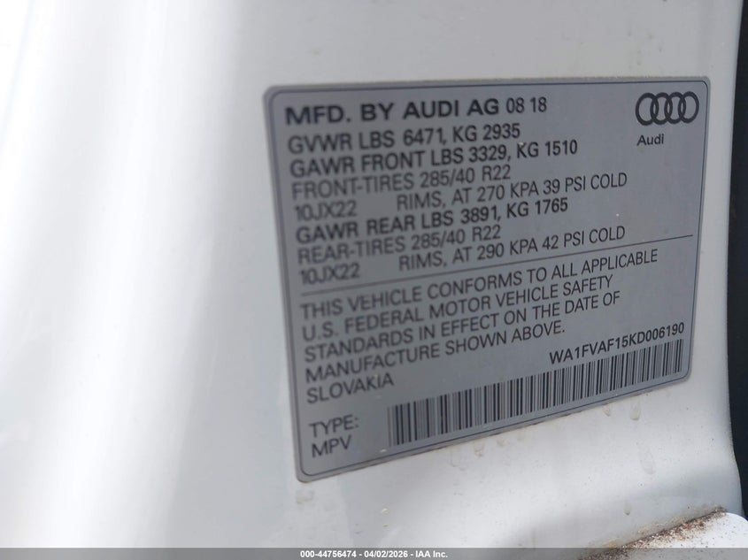 2019 Audi Q8 55 Premium VIN: WA1FVAF15KD006190 Lot: 44756474