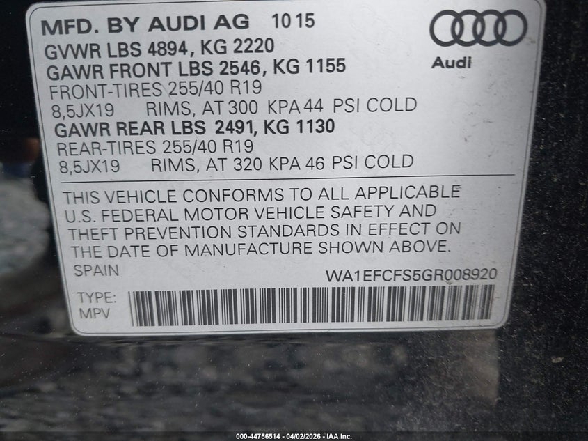 2016 Audi Q3 2.0T Premium Plus VIN: WA1EFCFS5GR008920 Lot: 44756514