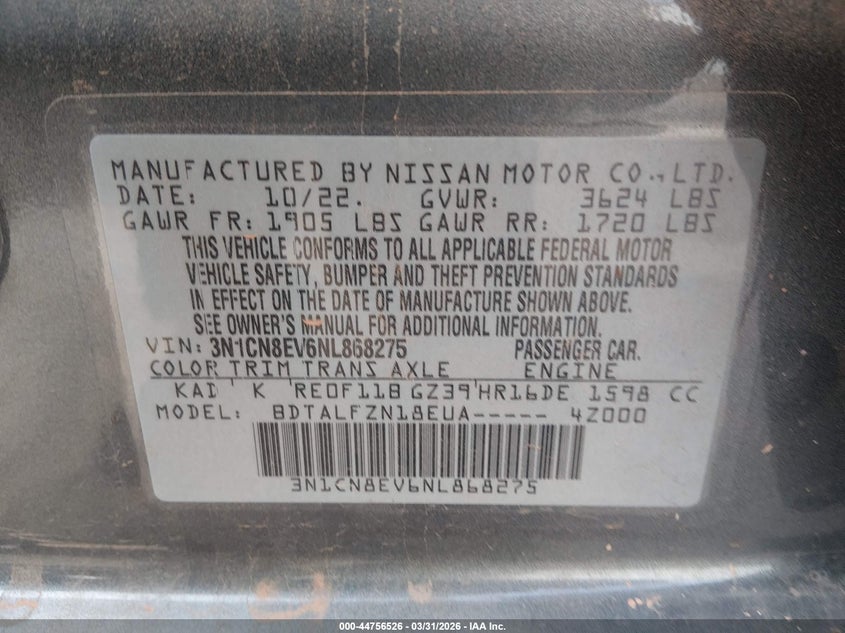 2022 Nissan Versa 1.6 Sv Xtronic Cvt VIN: 3N1CN8EV6NL868275 Lot: 44756526