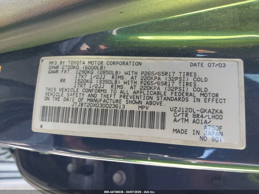 2003 Lexus Gx 470 VIN: JTJBT20X030023613 Lot: 44756536