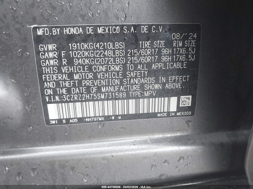 VIN 3CZRZ2H75SM731589 2025 HONDA HR-V AWD EX-L
