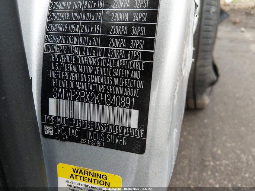 2019 Land Rover Range Rover Evoque Se/Se Premium VIN: SALVP2RX2KH340891 Lot: 44756685