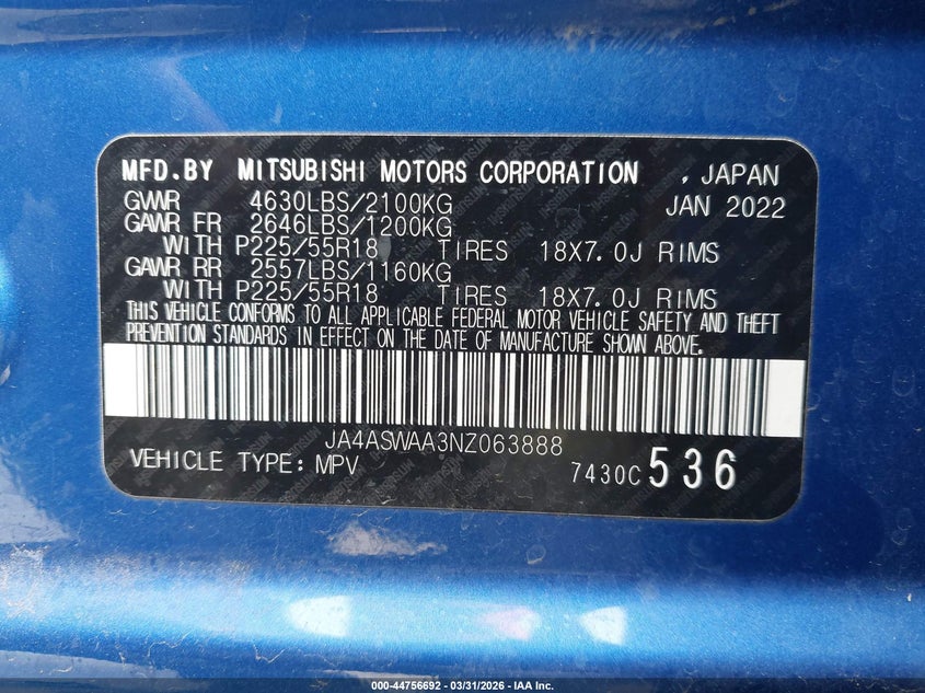 2022 Mitsubishi Eclipse Cross Se/Se Special Edition/Sel/Sel Special Edition VIN: JA4ASWAA3NZ063888 Lot: 44756692