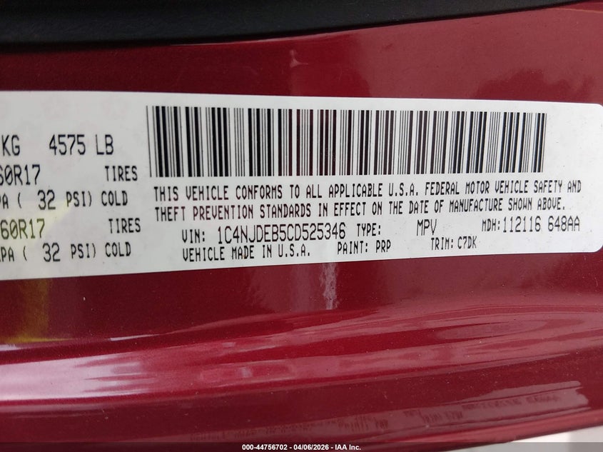 2012 Jeep Compass Latitude VIN: 1C4NJDEB5CD525346 Lot: 44756702