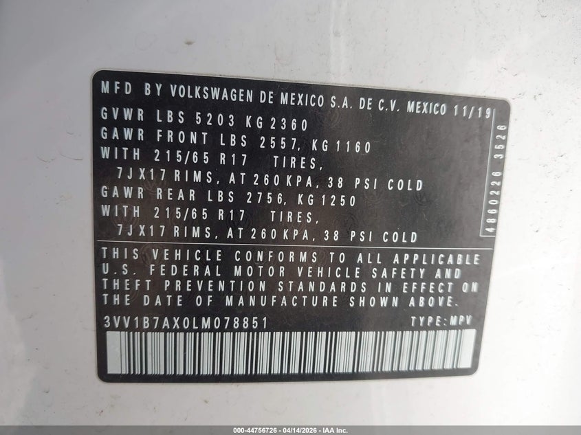 2020 Volkswagen Tiguan 2.0T S VIN: 3VV1B7AX0LM078851 Lot: 44756726