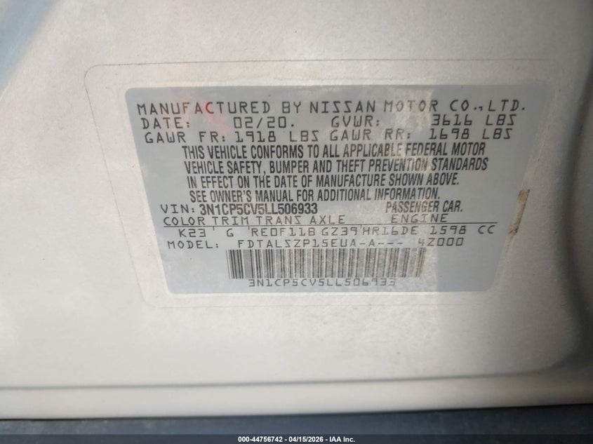 2020 Nissan Kicks Sv Xtronic Cvt VIN: 3N1CP5CV5LL506933 Lot: 44756742