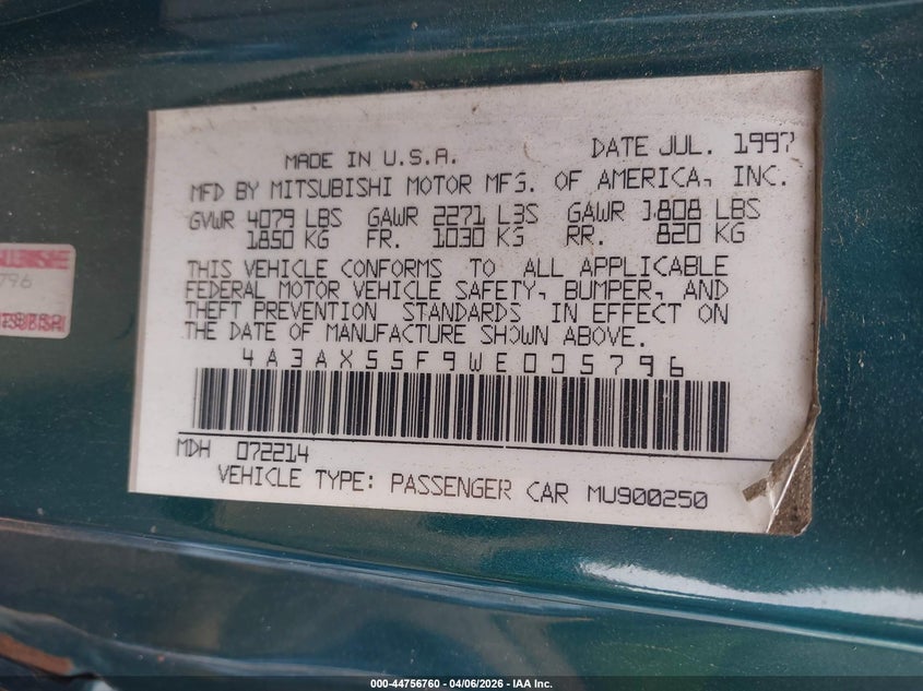 1998 Mitsubishi Eclipse Spyder VIN: LOT-1-44756760 Lot: 44756760