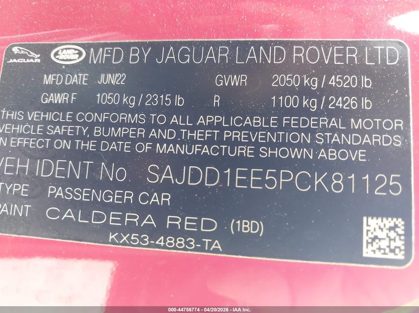 2023 Jaguar F-Type P450 Rwd Automatic VIN: SAJDD1EE5PCK81125 Lot: 44756774