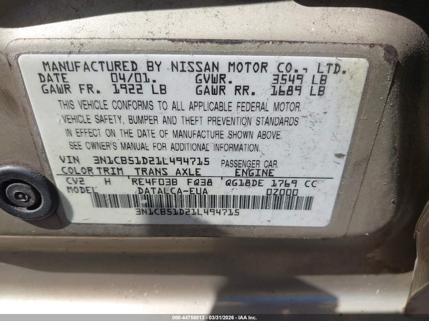 2001 Nissan Sentra Xe VIN: 3N1CB51D21L494715 Lot: 44756813