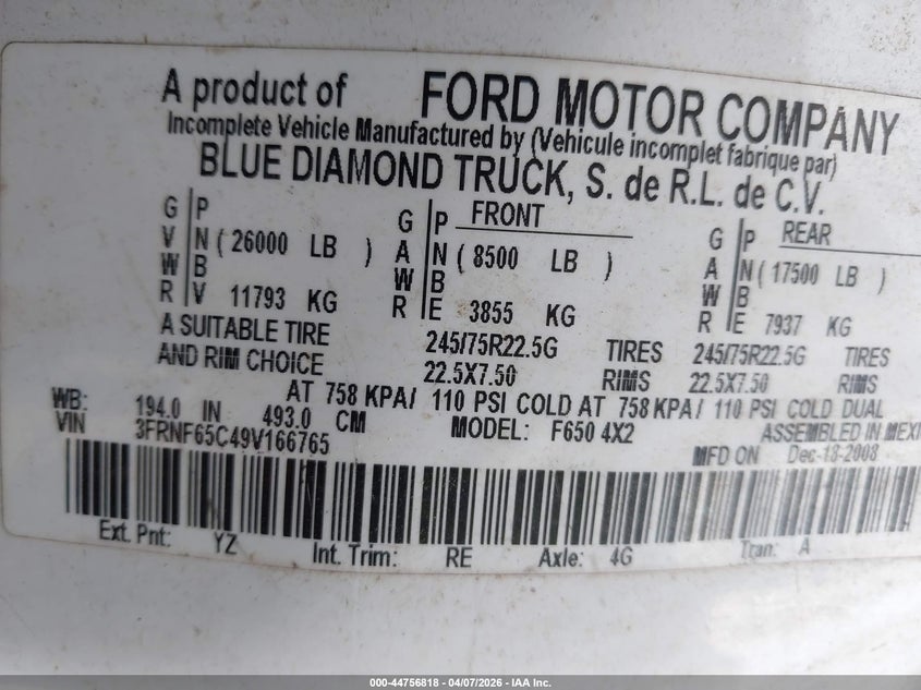 2009 Ford F-650 Xl/Xlt VIN: 3FRNF65C49V166765 Lot: 44756818