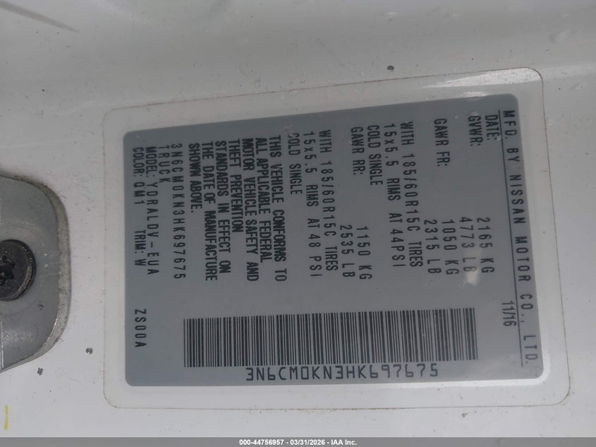 2017 Nissan Nv200 S VIN: 3N6CM0KN3HK697675 Lot: 44756957