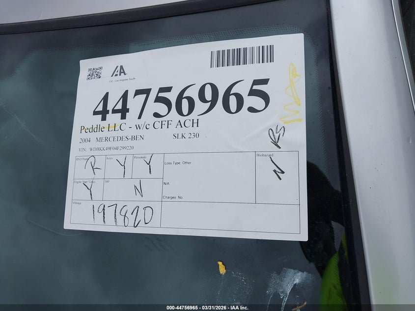 2004 Mercedes-Benz Slk 230 Kompressor VIN: WDBKK49F04F299220 Lot: 44756965