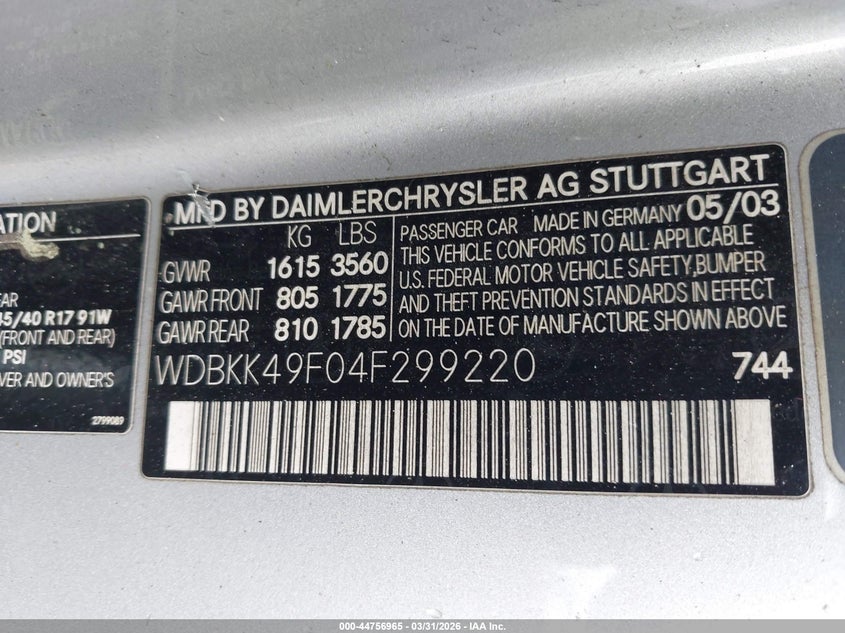 2004 Mercedes-Benz Slk 230 Kompressor VIN: WDBKK49F04F299220 Lot: 44756965