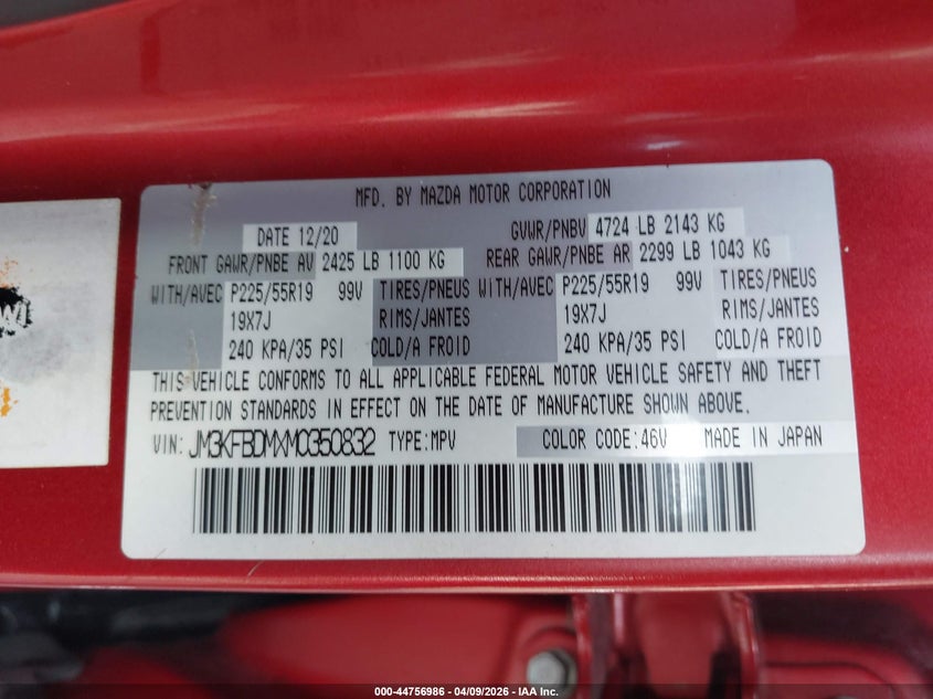 2021 MAZDA CX-5 2.5L I-4 DI, DOHC, V(VIN: JM3KFBDMXM0350832