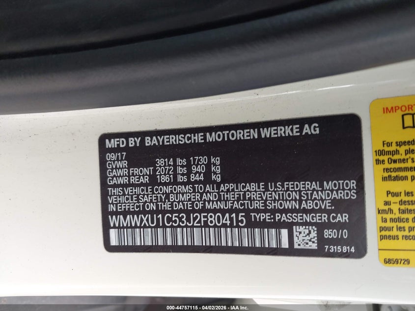 2018 Mini Hardtop Cooper VIN: WMWXU1C53J2F80415 Lot: 44757115