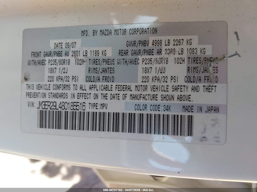 2008 Mazda Cx-7 Grand Touring VIN: JM3ER29L480185516 Lot: 44757162