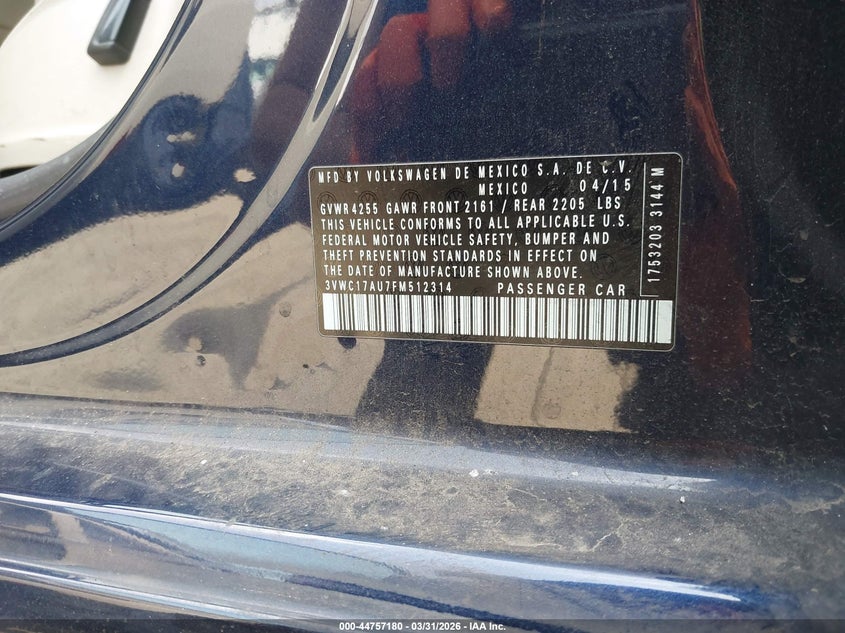 2015 Volkswagen Golf Sportwagen Tsi Se 4-Door VIN: 3VWC17AU7FM512314 Lot: 44757180
