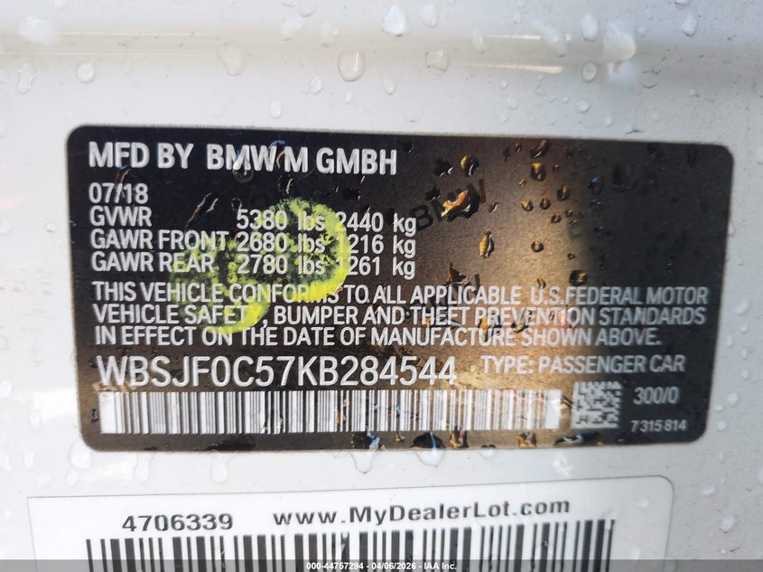 VIN: WBSJF0C57KB284544 2019 BMW M5