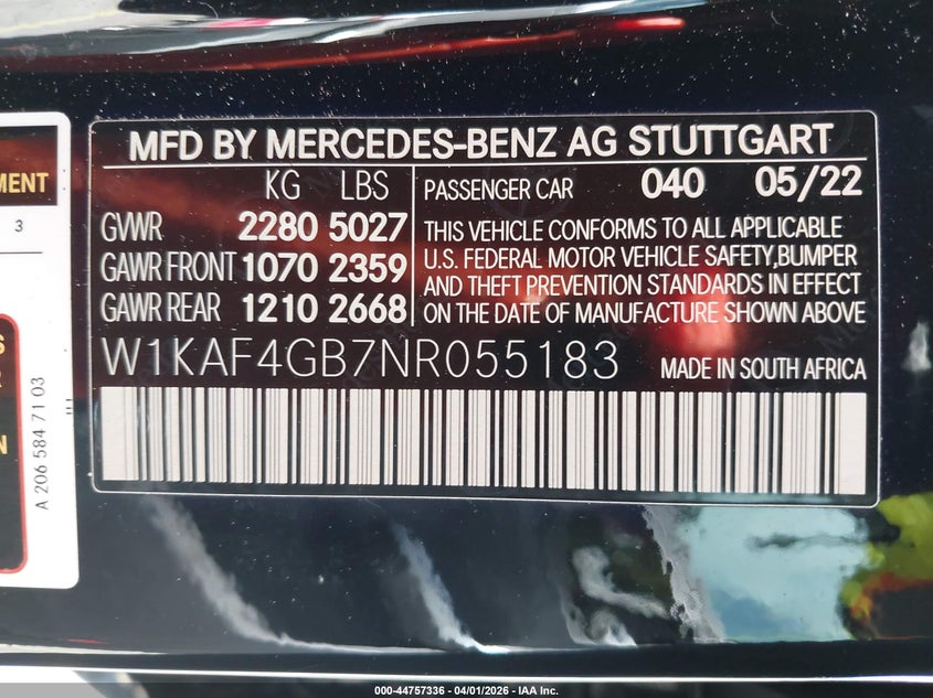 2022 Mercedes-Benz C 300 Sedan VIN: W1KAF4GB7NR055183 Lot: 44757336