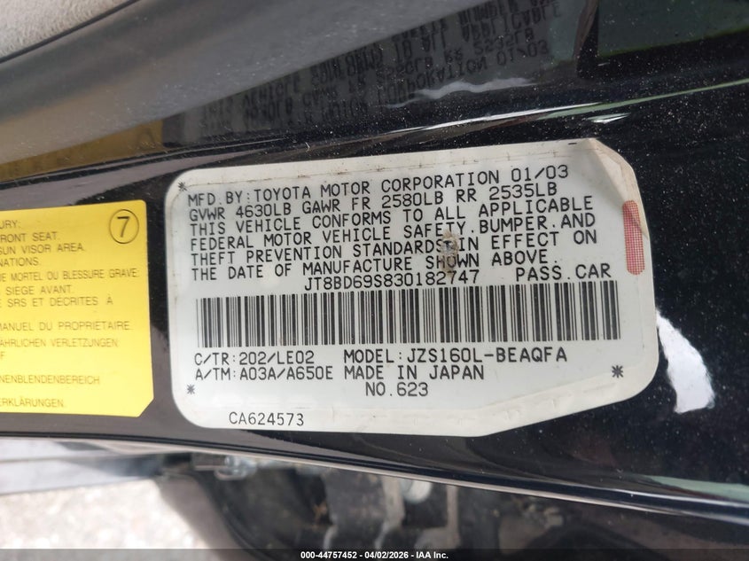 2003 Lexus Gs 300 VIN: JT8BD69S830182747 Lot: 44757452