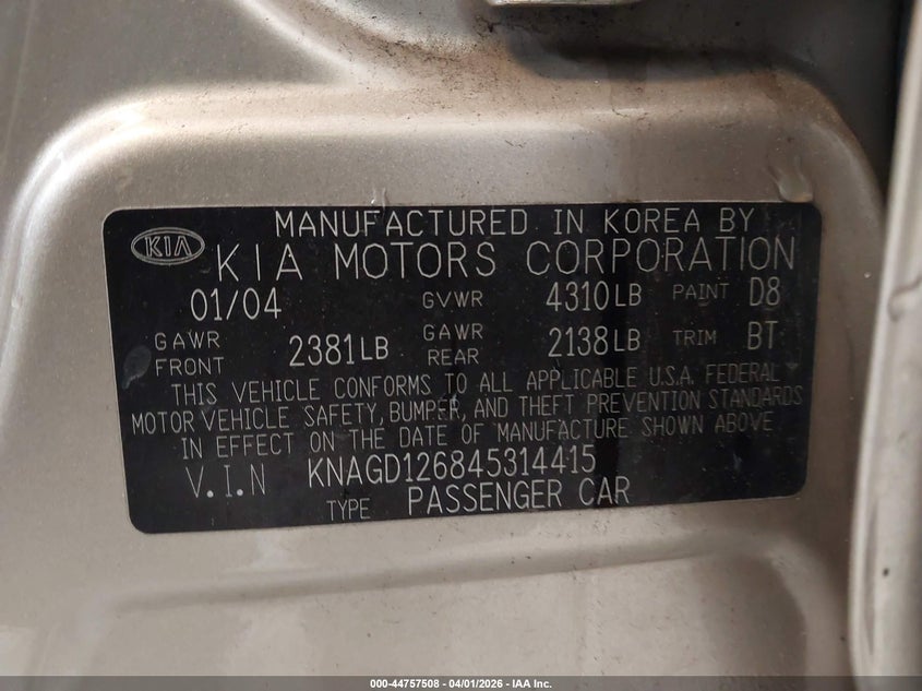 2004 Kia Optima Ex/Lx VIN: KNAGD126845314415 Lot: 44757508