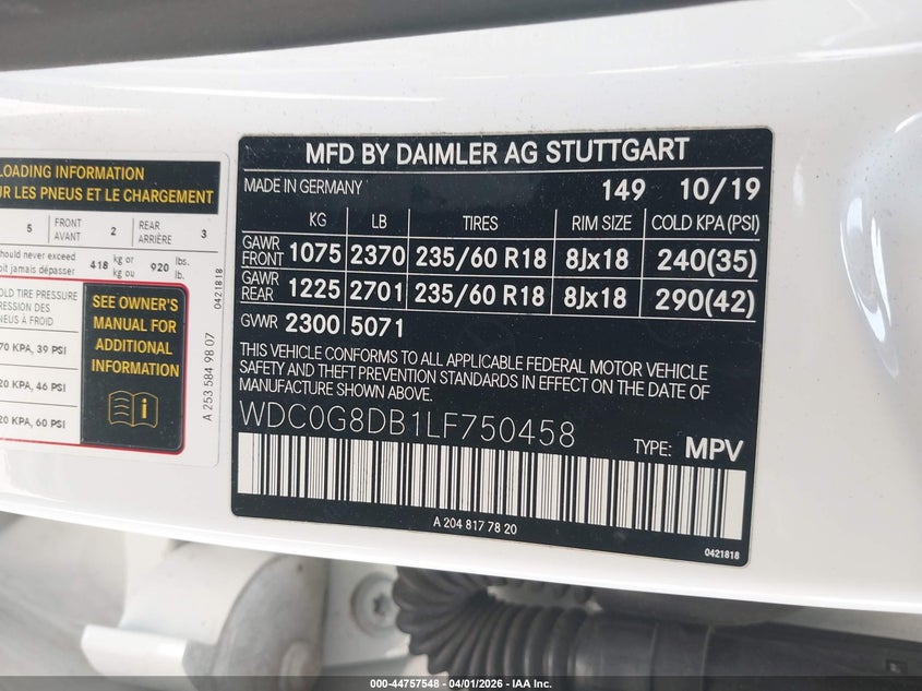MERCEDES-BENZ GLC 300 2020 VIN WDC0G8DB1LF750458