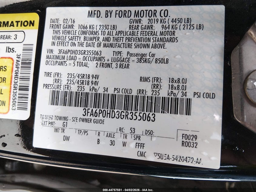 2016 Ford Fusion Se VIN: 3FA6P0HD3GR355063 Lot: 44757551