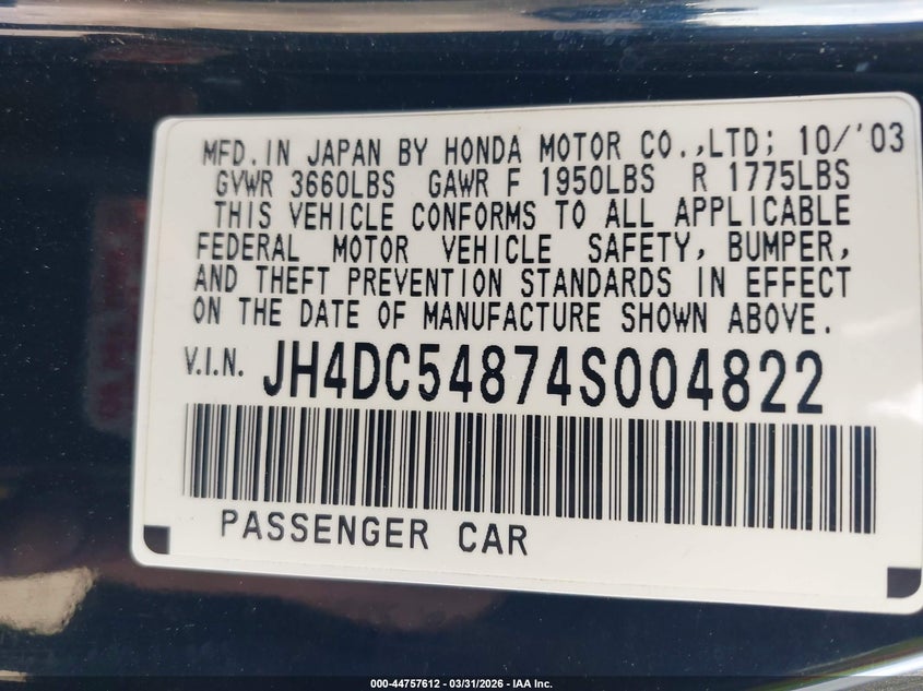 2004 Acura Rsx VIN: JH4DC54874S004822 Lot: 44757612