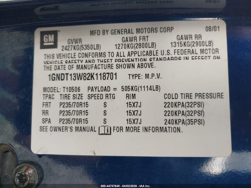 2002 Chevrolet Blazer Ls VIN: 1GNDT13W82K118701 Lot: 44757649
