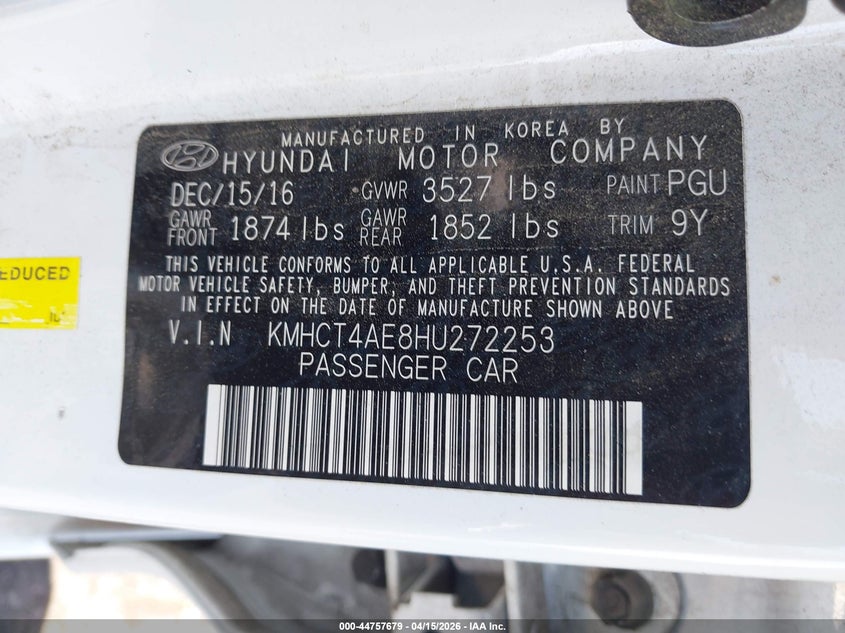 2017 Hyundai Accent Se VIN: KMHCT4AE8HU272253 Lot: 44757679