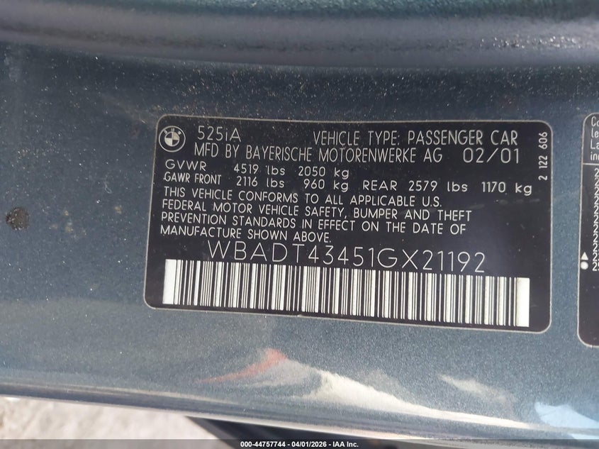 2001 BMW 525Ia VIN: WBADT43451GX21192 Lot: 44757744