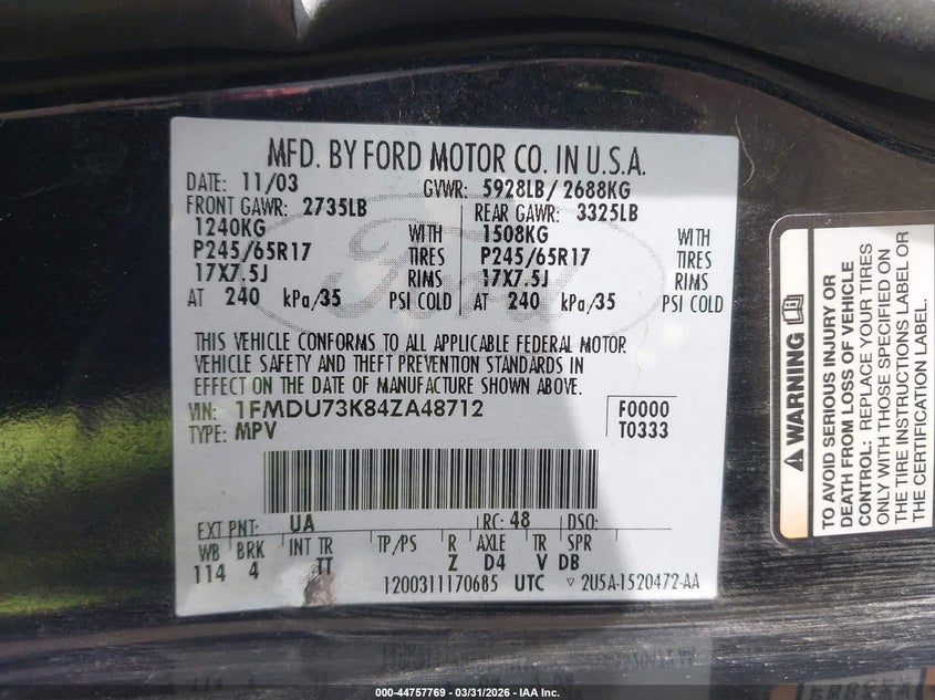 2004 Ford Explorer Nbx/Xlt VIN: 1FMDU73K84ZA48712 Lot: 44757769