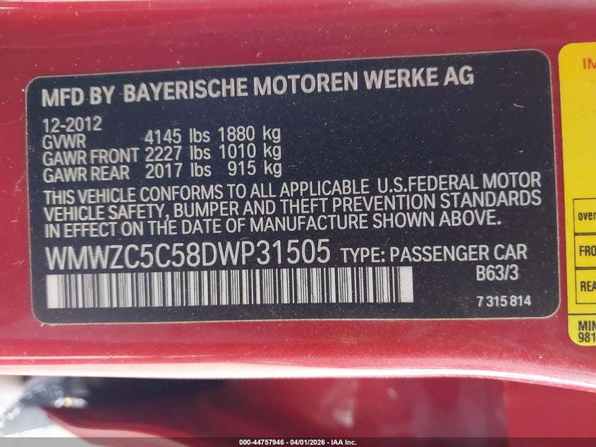 2013 Mini Countryman Cooper S VIN: WMWZC5C58DWP31505 Lot: 44757946