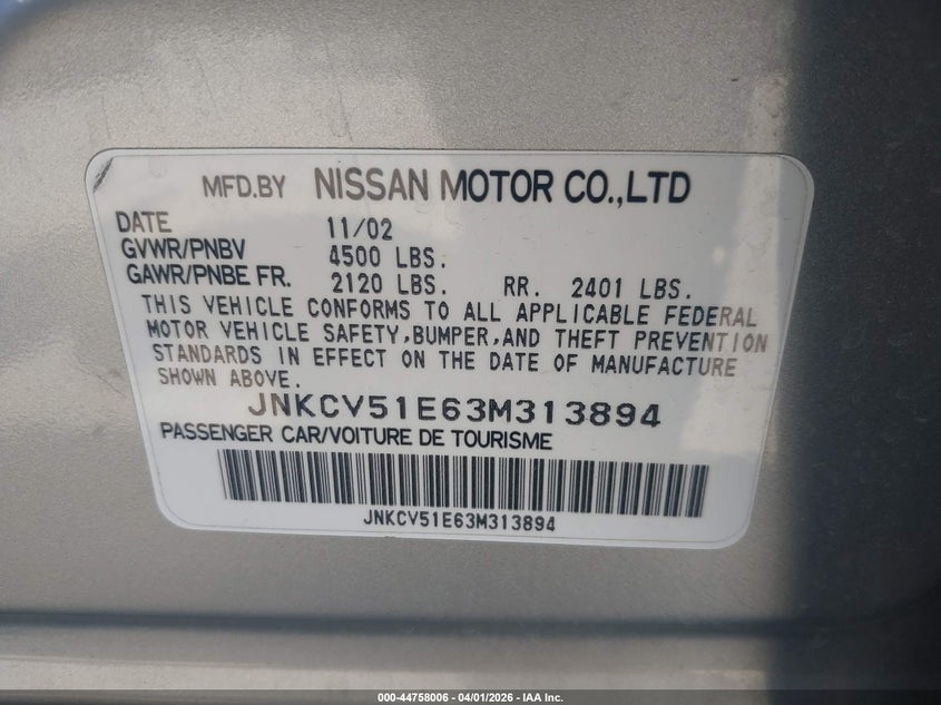 2003 Infiniti G35 Luxury Leather VIN: JNKCV51E63M313894 Lot: 44758006