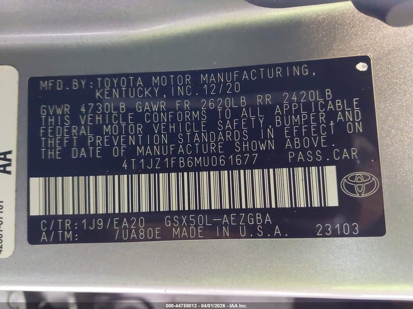 2021 Toyota Avalon Xle VIN: 4T1JZ1FB6MU061677 Lot: 44758012