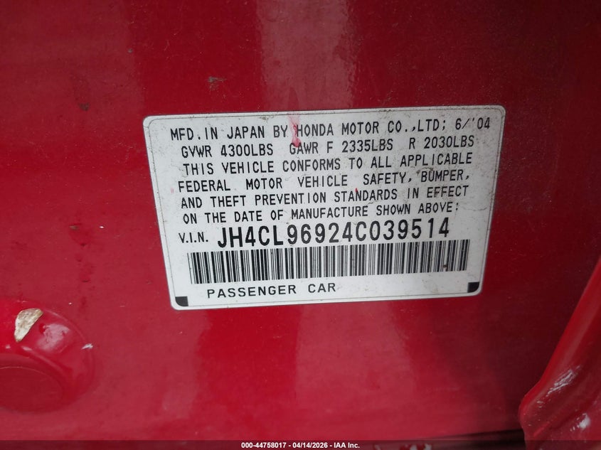 2004 Acura Tsx VIN: JH4CL96924C039514 Lot: 44758017