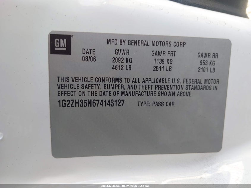 2007 Pontiac G6 Gt VIN: 1G2ZH35N674143127 Lot: 44758064