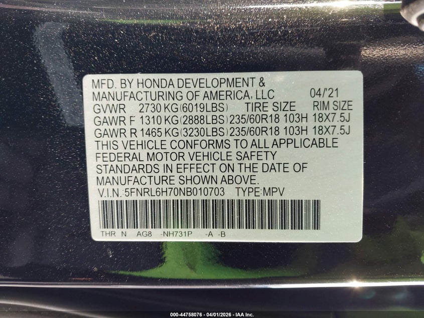 2022 Honda Odyssey Ex-L VIN: 5FNRL6H70NB010703 Lot: 44758076