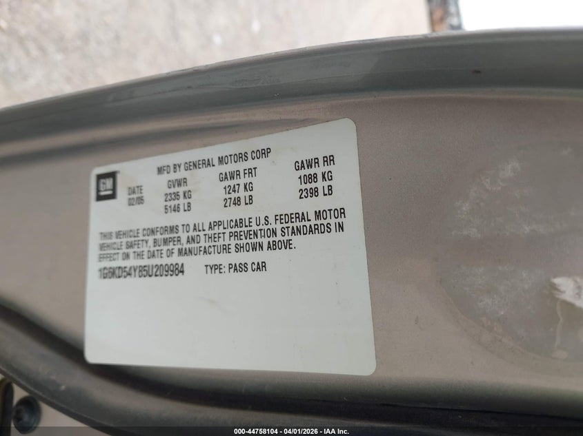 2005 Cadillac Deville Standard VIN: 1G6KD54Y85U209984 Lot: 44758104