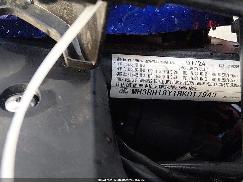 2024 Yamaha Yzfr3 A VIN: MH3RH18Y1RK017943 Lot: 44758185