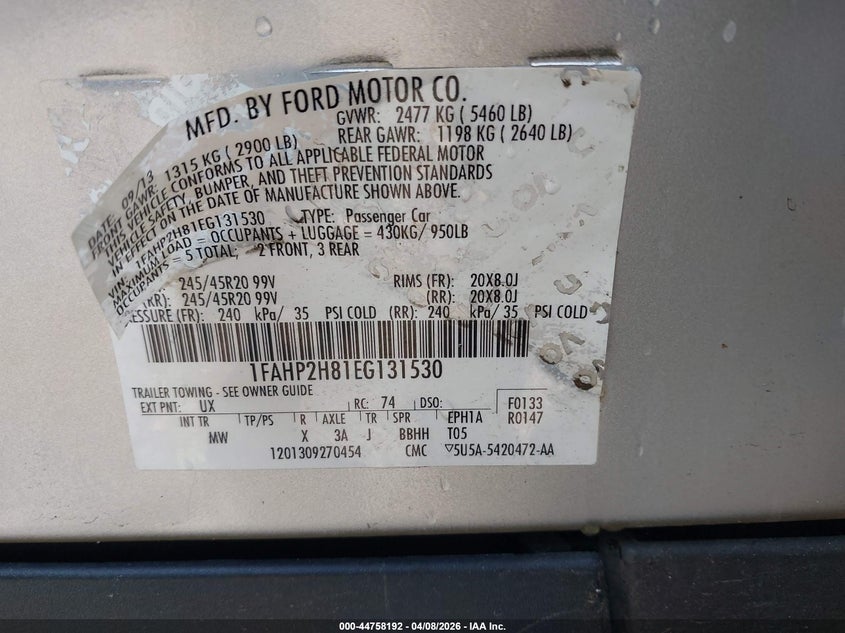 2014 FORD TAURUS SEDAN 3.5L V-6 DOHC, VVT, 288HP