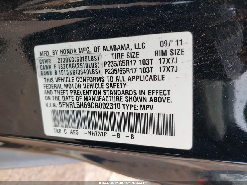 2012 Honda Odyssey Ex-L VIN: 5FNRL5H69CB002310 Lot: 44758212