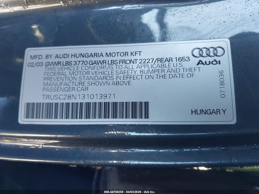 2003 Audi Tt 1.8L VIN: TRUSC28N131013971 Lot: 44758258